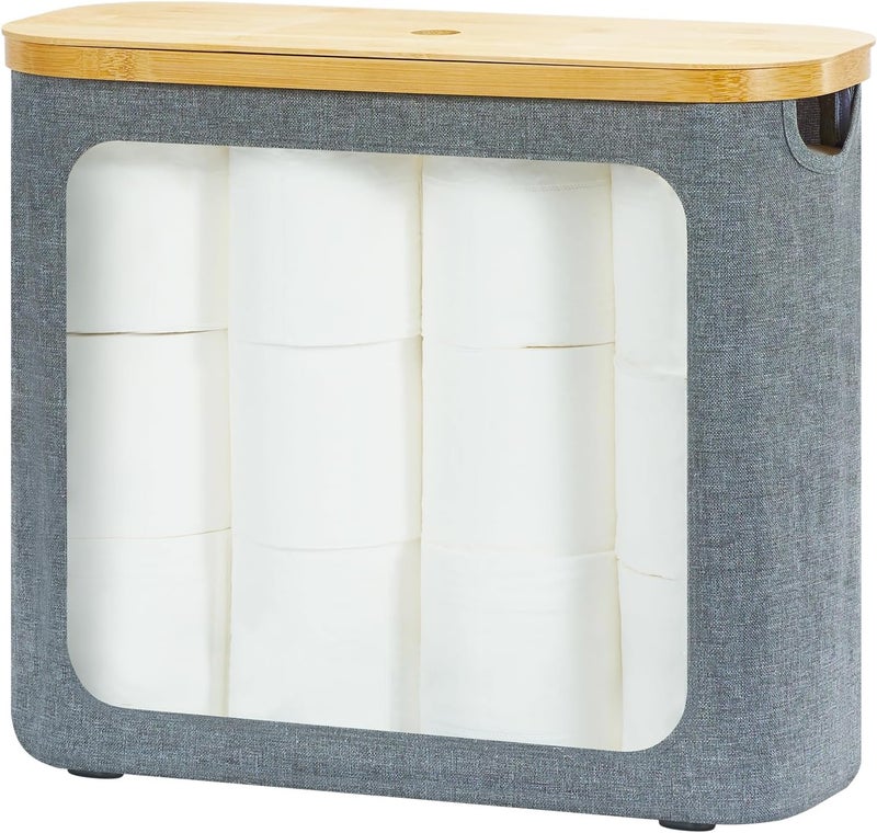 ROSOS Toilet Paper Basket, Toilet Paper Storage with Lid for 12 Rolls, Bathroom Storage Organizer with Bamboo Lid, Grey - Image 1